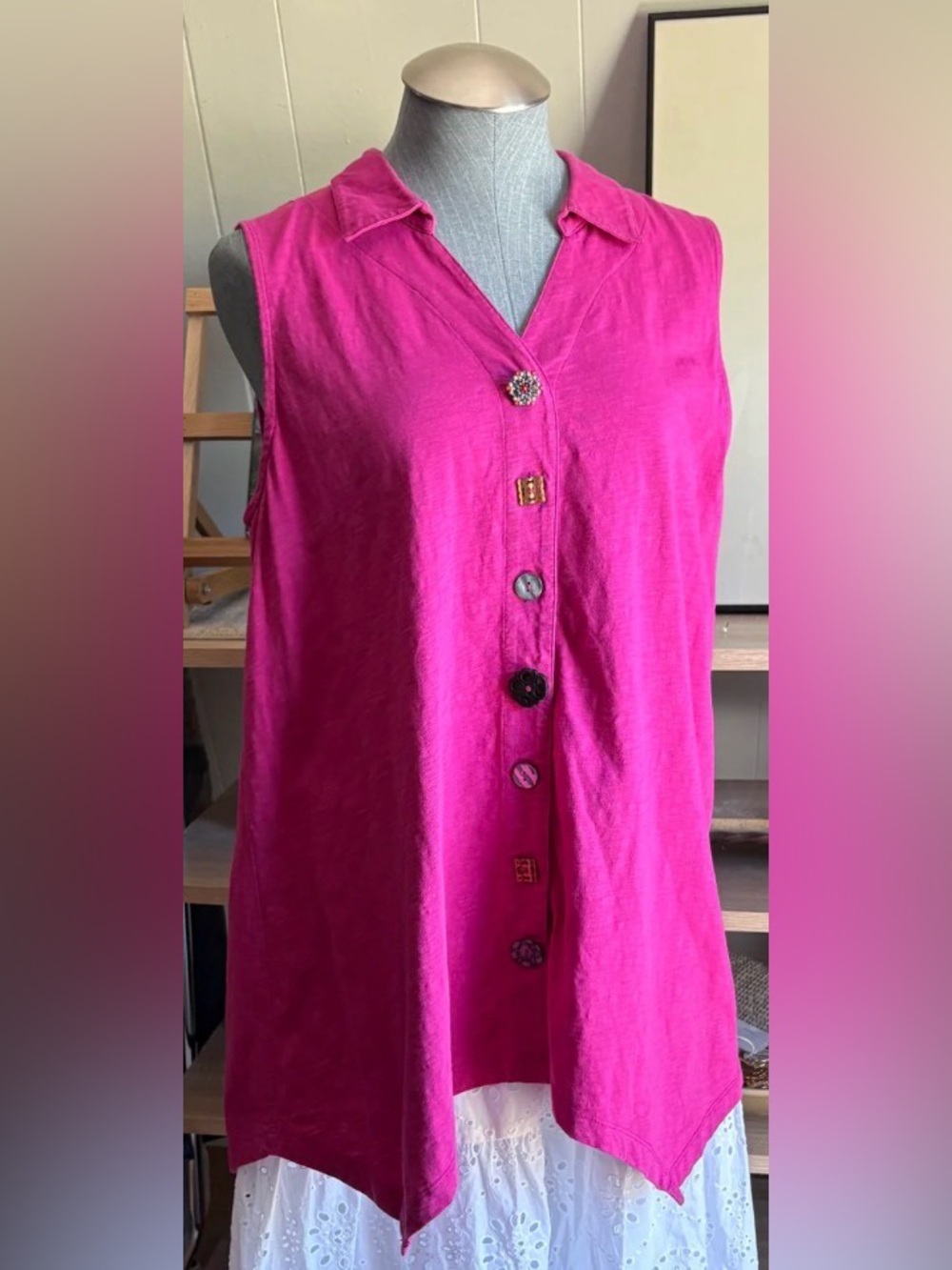 Soft Surroundings Bright Fuchsia Danielle Sleeveless Button Sleeveless Tunic